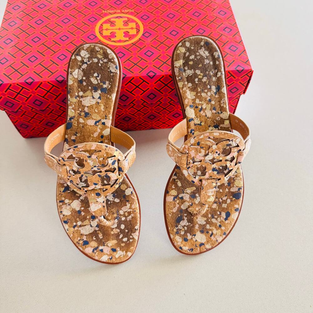 TORY BURCH Beige Tan White Confetti Cork Leather Miller $258 Slides Sandals 9.5